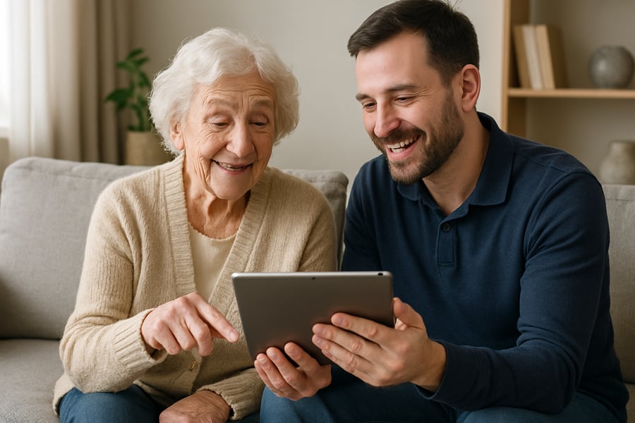 Seniorin erhält Technik-Hilfe zu Hause Seniorin erhält Technik-Hilfe zu Hause